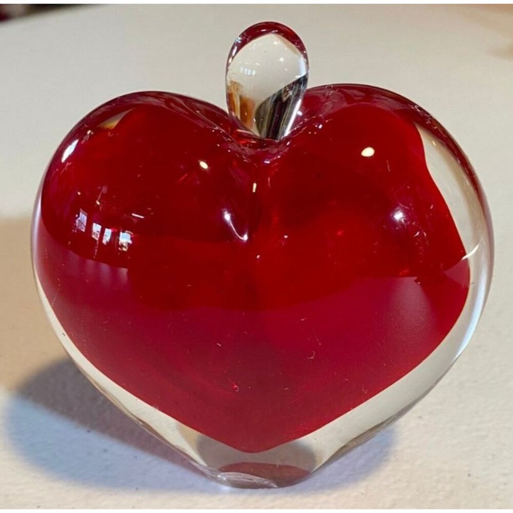 Ruby Red Hand Blown Glass Perfume Bottle Heart/Apple Shape w/Clear Stopper
